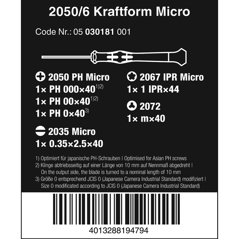 Wera 2050/6 Kraftform Micro Screwdriver set, PH/TX IRP/SL/M, 6pc, 05030181001,