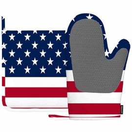 Mxocom American Flag Silicone Oven Mitts and Pot Holders Sets Independence Day Republican Celebration Democracy Nation Stripes BBQ Gloves for Kitchen,Cooking,Baking,Grilling