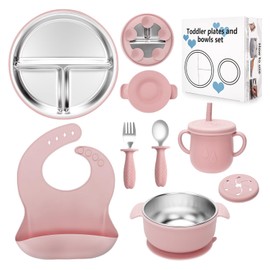 MISSLILI Stainless Steel Kids Plates and Bowls Set with Suction, Divided Baby Plate and Toddler Bowl with Removable Silicone Suction,Stainless Steel Weaning Bundle, Silicone Baby Feeding Set (Pink)
