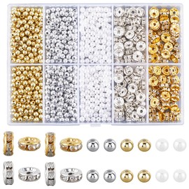 SOFPLATE 1 Box 1100Pcs Rhinestone Rondelle Spacer Beads Bulk ABS Plastic Beads Imitation Pearl Smooth Gold Silver Round Loose Bead Spacers for Bracelets Beading Necklaces Jewellery Making DIY Crafts