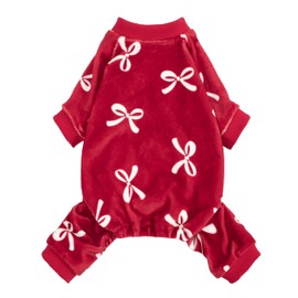 Fitwarm - Pijama con lazo para perro, ropa cálida para perros pequeños y niñas, overol de forro polar con pies, rojo borgoña, blanco, XL