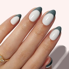 Short Almond Press on Nails | GJZEZ Soft Gel Eucalyptus Green on White Contrast French Tip Nail Press Ons, Salon Quality Glue on False Nail | 16 Sizes - 32 Reusable Fake Nail Kit, Frost Pine Green