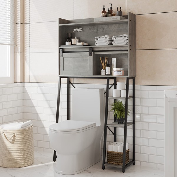 Furniouse Over The Toilet Storage Cabinet with Paper Holder Stand, Mass-Storage Bathroom Organizer Sliding Barn Door, Space-Saving Rack, for Bathroom, Restroom, Laundry