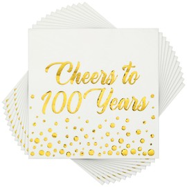 Qilery 100 Pcs Cocktail Napkins Anniversary Birthday Decorations White Gold Foil Birthday Napkins Folded 6.5 x 6.5 Inch 3 Ply Disposable Napkins for Birthday Wedding Party (Cheers to 100 Years)