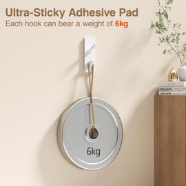 susswiff Self Adhesive Wall Hooks for Hanging: Stick on Hold 13 LB,Towel Hooks for Bathroom Kitchen, Shower Door Hanger for Coat, Metal, Stainless, White 6 Pack