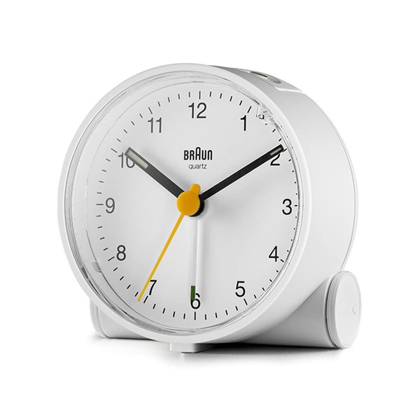 BRAUN BC01W Table Clock, White, W 2.7 x H 2.7 x D 1.5 inches (69 x 69 x 37 mm), Built-in Snooze, Light Function, Quiet Design, Luminous, white, Modern