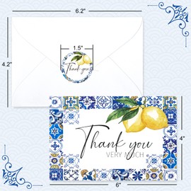 AnyDesign Lemon Thank You Cards Bulk 24 Pack Thank You Note Cards with Matching Seal Stickers Envelopes Blue Tiles Lemon Greeting Cards for Baby Shower Wedding Birthday Bridal Party and All Occasion