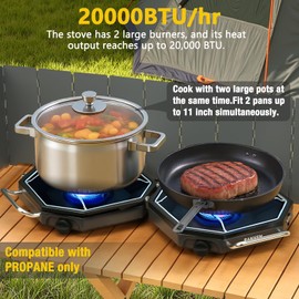 Camping Stove Propane, 2 Burner Propane Camp Stove, 20,000 BTU Portable Stove for Camping, Folding Gas Stoves Outdoor with Windscreen, Storage Bag, Regulator for Picnic, BBQ, Tailgating Parties