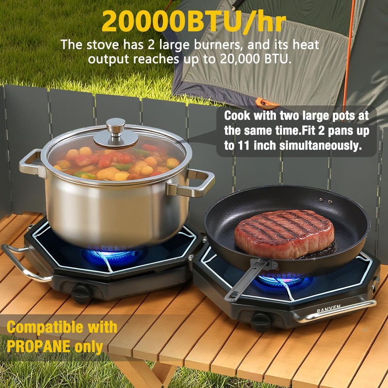 Camping Stove Propane, 2 Burner Propane Camp Stove, 20,000 BTU