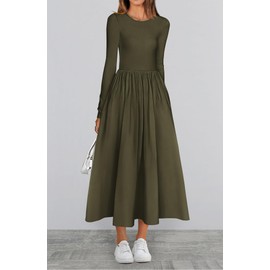 BTFBM Casual Long Sleeve Dresses Fall Dresses Solid Wedding Guest Dress Midi Dress Flowy Bohemian Long Dresses(Army Green,Medium)