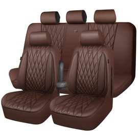 CAR PASS Piping Luxury Faux Leather Seat Covers Full Set, 5 Seats Anti-Slip Waterproof Seat Covers Compatible with Front Armrests, Universal Fit for Suvs,Vans,Trucks,Airbag Compatible, Pure Brown