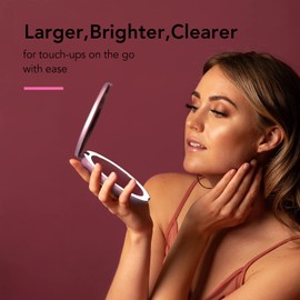 Fancii LED Lighted Travel Makeup Mirror, Rechargeable with 10x/1x Magnifying & 3 Light Settings - Compact, Portable, Large 5” Wide Hand Mirror for Handbag and Purses (Rose Gold)