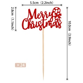 24 piezas de decoración para cupcakes con bastón de Navidad con purpurina de Navidad, Navidad, Año Nuevo, vacaciones, fiestas, Navidad, decoración de tartas, suministros rojos