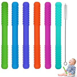 Hollow Teething Tubes Toys for Babies Girls Boys, 6 Pack Silicone Baby Teether Toy Tube for Infants with Nursing Biting Chewing, Chew Straws for Toddlers 6-12 Months (Style A)