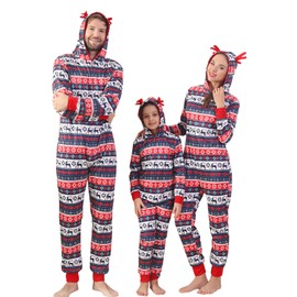 ANGELGGH Family Matching Christmas Onesie, Cute Vacation Reindeer Print One Piece Pajamas, Hooded Holiday Sleepwear Nightwear (Men, L, Striped Reindeer)
