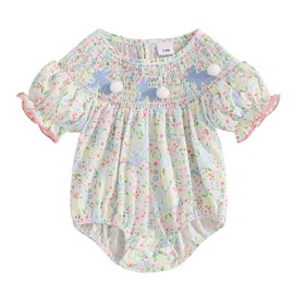 Filgriox My First Easter Baby Girl Outfit Newborn Rabbit Smocked Romper Peter Pan Collar Short Sleeve Bubble Bodysuit (Green, 12-18 Months)