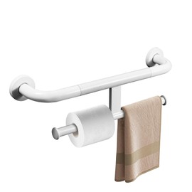 Rackickyer Handicap Grab Bar with Toilet Paper Roll Holder, 2-in-1 Safety Assist Bar Support Handle 16 Inch, White Stainless Steel Wall Mounted Bathroom Toilet Grab Bar for Senior Elderly