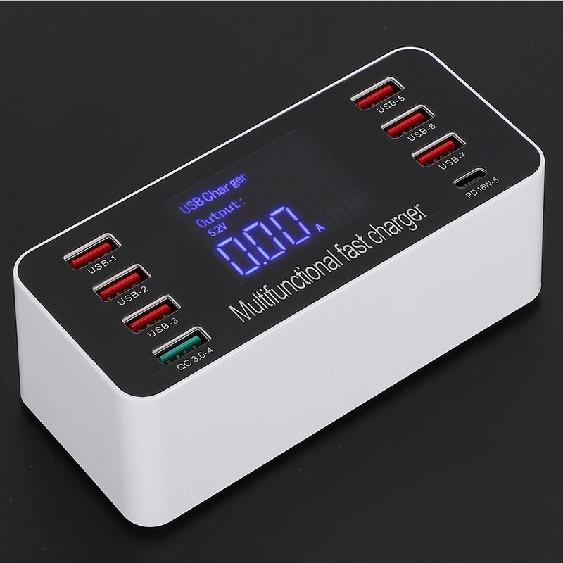 8-Ports Intelligent Charging Station LED Display Digital QC3.0 PD 60W