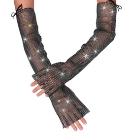 GEMILY Glitter Long Rhinestone Gloves Fingerless Fishnet Arm Sleeves Sparkle Bling Fashion Rave Party Glove for Women(BlackWhite)