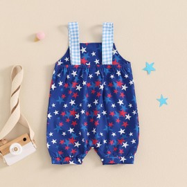 Shejingb Newborn 4th Of July Baby Boy Girl Outfit Popsicle/Stars/Flower Print Romper Jumpsuit Pocket Overalls 0-18 Months (Full Stars Blue, 3-6 Months)