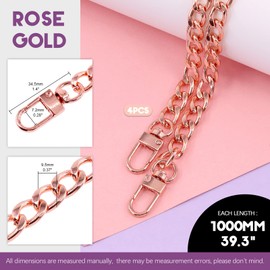 Swpeet 4 correas de cadena planas de repuesto de oro rosa de 39.4 pulgadas con hebillas, 0.4 pulgadas de ancho lo suficientemente 2.4 mm extra para reemplazo de bolso cruzado de metal (oro rosa, 39.4 pulgadas)