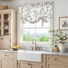 jinchan Tie Up Valance Floral Linen Gray Valance for Windows Farmhouse 54 Inch Damask Printed Short Window Treatment Adjustable for Kitchen Living Room Light Filtering 1 Panel Grey on Beige