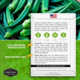 Survival Garden Seeds - Clemson Spineless Okra Seed for Planting - Packet with Instructions to Plant and Grow Tender and Large Okra in Your Home Vegetable Garden - Non-GMO Heirloom Variety