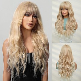 OUFEI Long Blonde Wig With Bangs Natural Wavy Wigs for Women Natural Synthetic Hair Heat Resistant Wigs for Daily Party Cosplay Wear