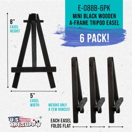 U.S. Art Supply 8" High Small Black Wooden Easel (6 Pack), A-Frame Canvas Stand Tripod, Small Painting Easels - Tabletop Easel for Painting, Canvases, Student Crafts, Event Signs Photos