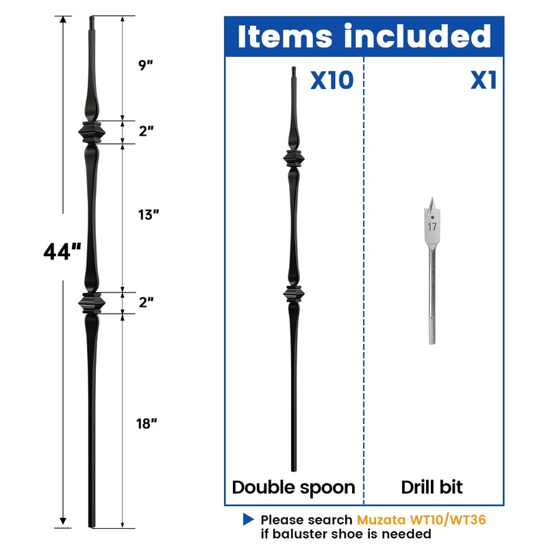 Muzata 10Pack 44'' Wrought Iron Balutser Hollow Double Spoon Metal