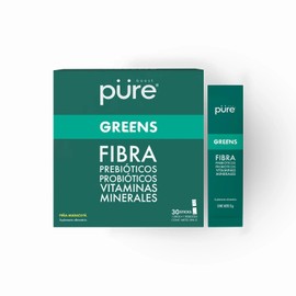 pure | Greens en polvo | Superfoods y Verduras | 4.2 g de Fibra por Stick | Vitaminas B, C, D, E, Zinc, Selenio y Magnesio | 1,950 millones de UFC Probióticos | Sin Azúcares Añadidos, Endulzado con Alulosa | Caja con 30 sticks individuales.