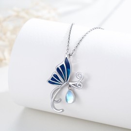 Hagkew Butterfly Moonstone Necklace 925 Sterling Silver Moonstone Butterfly Pendant,Dainty Blue Butterfly Necklace Jewelry Birthday for Women