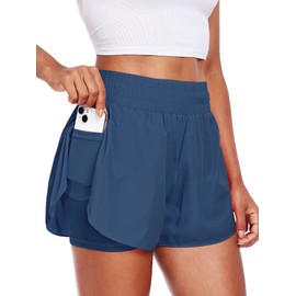 CADMUS 2 in 1 Running Shorts for Women Athletic Tennis Shorts with Pocket, Navy Blue, Medium