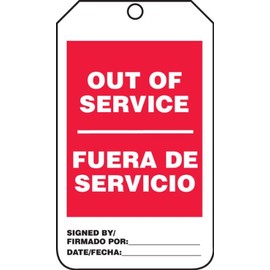 Accuform Signs TSP505CTP Spanish Bilingual Status Record Tag, Legend "Out of Service/FUERA DE SERVICIO", 5.75" Length x 3.25" Width x 0.010" Thickness, PF-Cardstock, Red/Black on White (Pack of 25)
