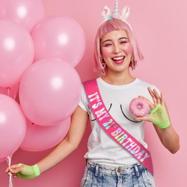 It's My 21st Birthday Sash Iridescent Foil, Hot Pink 21st Birthday Sash for Women, Finally 21 Birthday Sash, Ideal Twenty One Gifts, Happy 21st Birthday Party Decorations, Ideas, Jokes and Favors