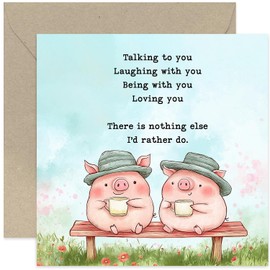 Sweet Anniversary Card for Wife Husband Boyfriend Girlfriend, Valentines Day Gifts for Him Her, VDay Couple Presents, 'Loving You' Pigs on Bench Design, Blank Inside for Own Message