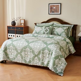 EVENHUG Queen Size Comforter Set 7 Pieces Damask Green Soft Bedding Sets for All Season Bed in a Bag with Comforter, Flat Sheet, Pillowcases (90"x90")
