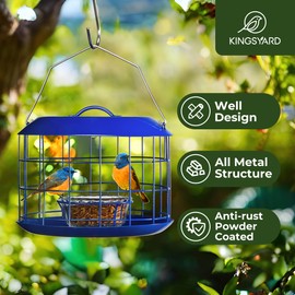 Kingsyard Bluebird Feeders for Outdoors Hanging, All Metal, Cage Mealworm Bird Feeder with Tray, Squirrel Proof & Weatherproof, Easy to Refill & Clean (Blue)