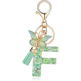 Frundoo Key Chain Letter Keyring Girl Keyring with Initial Letter Green Key Ring Butterfly Gifts for Women, Green-F