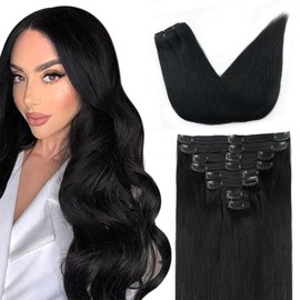 Pobokix Straight Clip In Hair Extensions Real Human Hair 8Pcs Clip In Jet Black Human Hair Extensions with 18Clips Lace Weft 120g 24inch