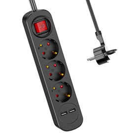 realmade Mehrfachsteckdose mit USB, Realmade 3 Fach Steckdose, Verl?ngerungskabel Schwarz 3m