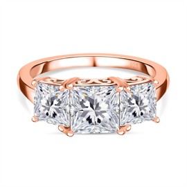 TJC Moissanite Three Stone Ring for Women in 18K Rose Gold Plated 925 Sterling Silver Size R Prong Setting Metal Wt. 2.25 Grams