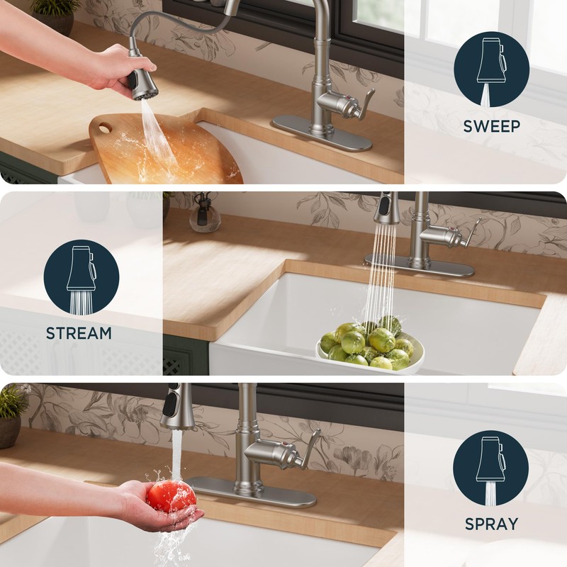 FORIOUS Antique Kitchen Faucets with Pull Down Sprayer Brushed Nickel,