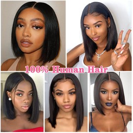 Human Hair Wig, 4x4 Lace Front Wig, Human Hair, Bob Straight Wig for Women, Real Hair, Pinch Natural Brazilian Short Wigs, Human Hair, 150% Density, Natural Black Colour, 8 Inches