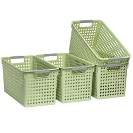 Soddeph Slim Plastic Storage Basket with Handles, Narrow Organizer box for Shelves, Organizer box for Organizing, Kitchen,Home,Office (Green, Large)