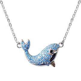 Hiqmic 925 Sterling Silver Cute Blue Dolphin CZ Zirconia Pendant Necklace Clavicle Chain White Gold Plated Fashion Jewelry 16"+2", WK99135
