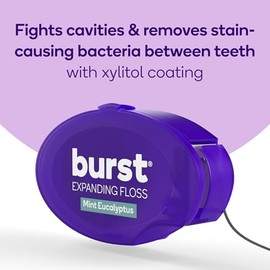 Burst Hilo dental expansible de viaje BURST (paquete de 12, 5,5 yardas cada uno) | Hilo dental mini de menta y eucalipto para llevar | Absorbe manchas, recubierto de xilitol, vegano
