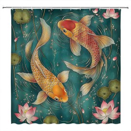Koi Fish Shower Curtain Pink Lotus Flowers Japanese Carp Pond Oriental Traditional Watercolor Ink Painting Fabric Bathroom Decor Curtain with Hooks 70" Wx70 H