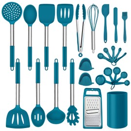 LIANYU 27 PCS Kitchen Utensils Set with Holder, Silicone Cooking Utensils Spatula Set with Stainless Steel Handle, Kitchen Cooking Gadgets Tools for Nonstick Cookware Set, Heat Resistant, Blue