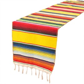 AIMALL Vibrant Mexican Style Table Runner 14x84 inch Cotton Blend Tablecloth with Colorful Stripes and Tassels, Perfect for Mexican Party and Home Decor